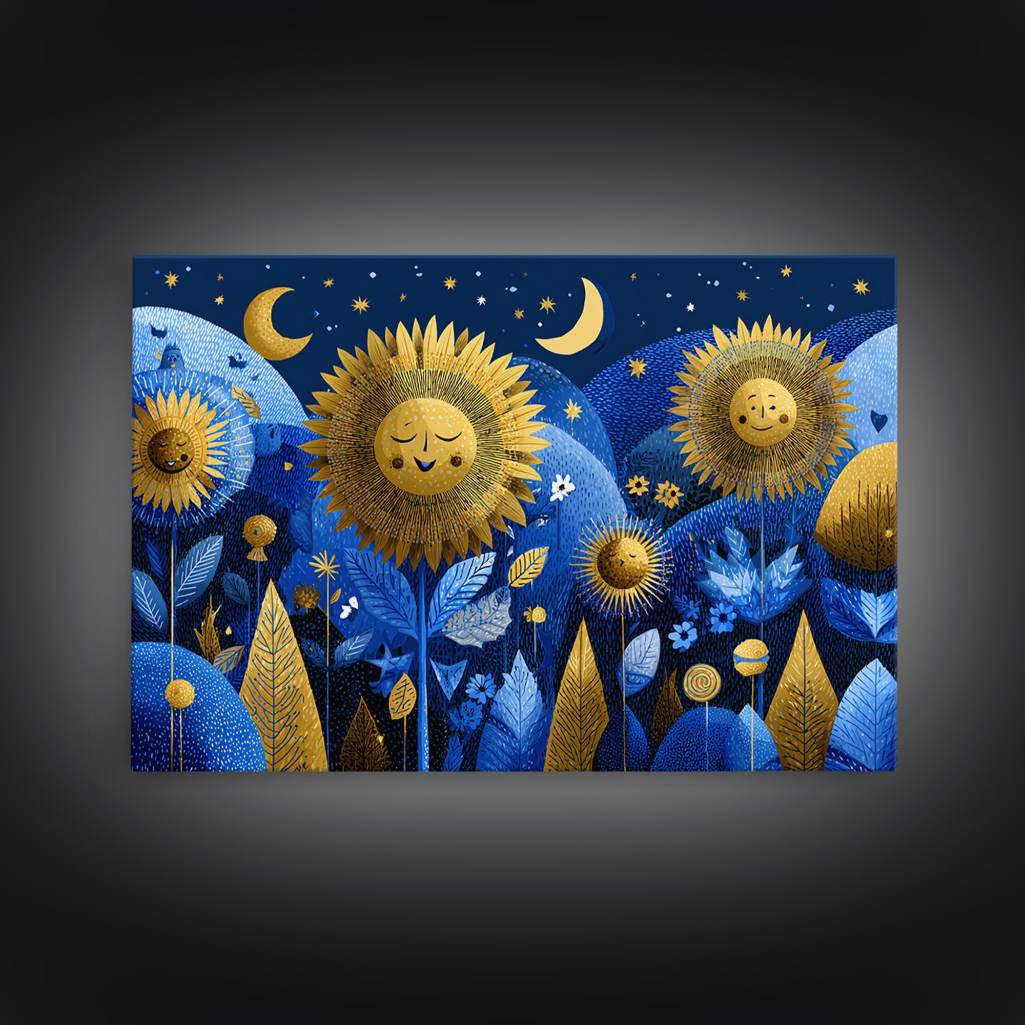 The Singing Sunflowers At Midnight, Screenprint Halloween Art, Landscape Wall Art, Framed Canvas Print, Cute Halloween Wall Art
