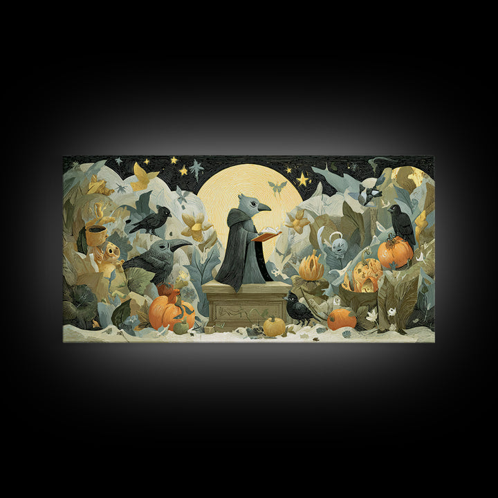 The Raven Sermon Of Leng, Linocut Halloween Art, Wide Panoramic Art, Framed Canvas Print, Cute Halloween Wall Art
