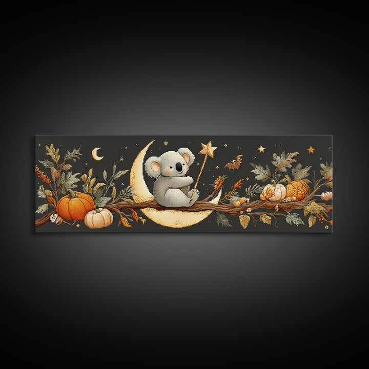 The Koala Wizard, Embroidered Halloween Art, Extra Wide Wall Art, Canvas Print, Cute Halloween Wall Art