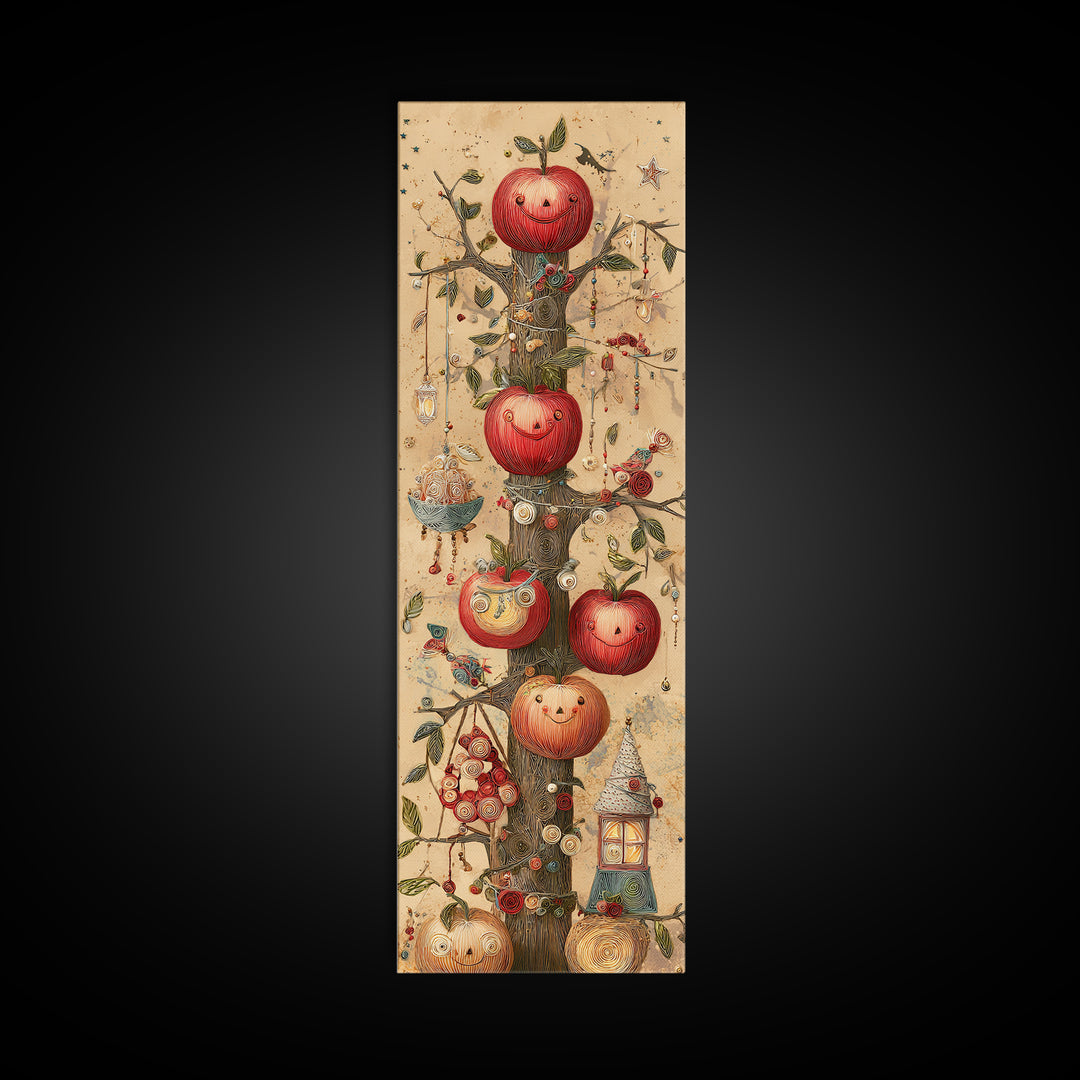 The Enchanted Apple Orchard, Quilled Halloween Art, Tall Narrow Wall Art, Framed Canvas Print, Cute Halloween Wall Art