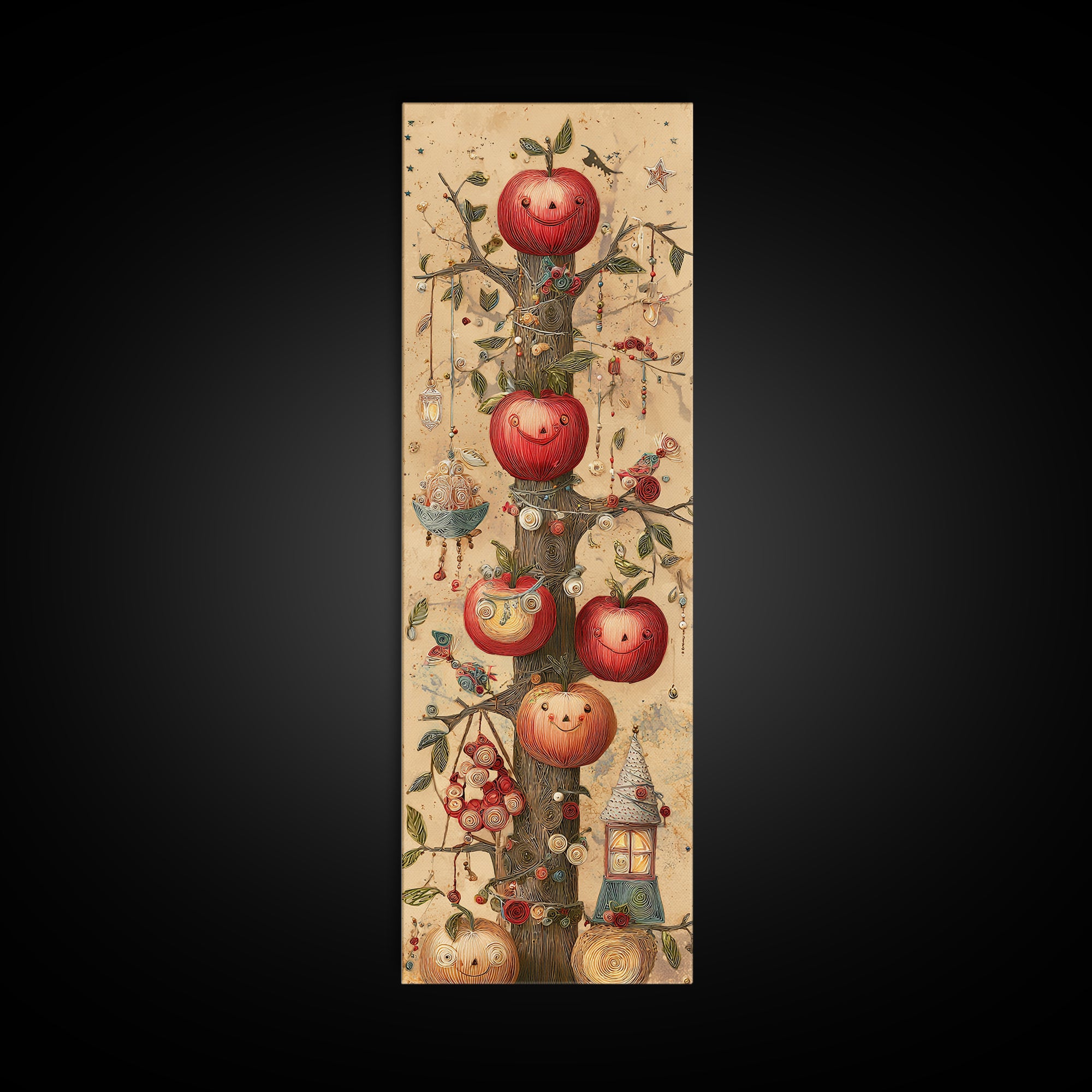 The Enchanted Apple Orchard, Quilled Halloween Art, Tall Narrow Wall Art, Framed Canvas Print, Cute Halloween Wall Art