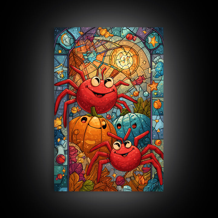 The Licorice Spider Family, Stained Glass Halloween, Vertical Wall Art, Canvas Print, Cute Halloween Wall Art