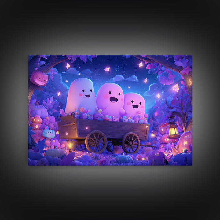 The Friendly Haunted Hayride, Vaporwave Halloween Art, Landscape Wall Art, Framed Canvas Print, Cute Halloween Wall Art