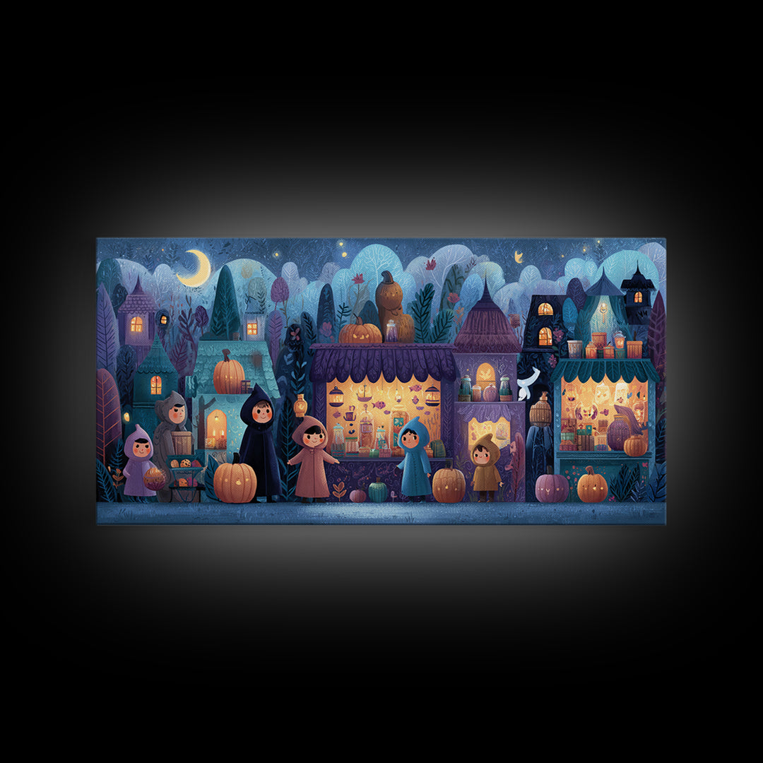 The Lantern Market Beyond The Veil, Vector Halloween Art, Wide Panoramic Art, Framed Canvas Print, Cute Halloween Wall Art