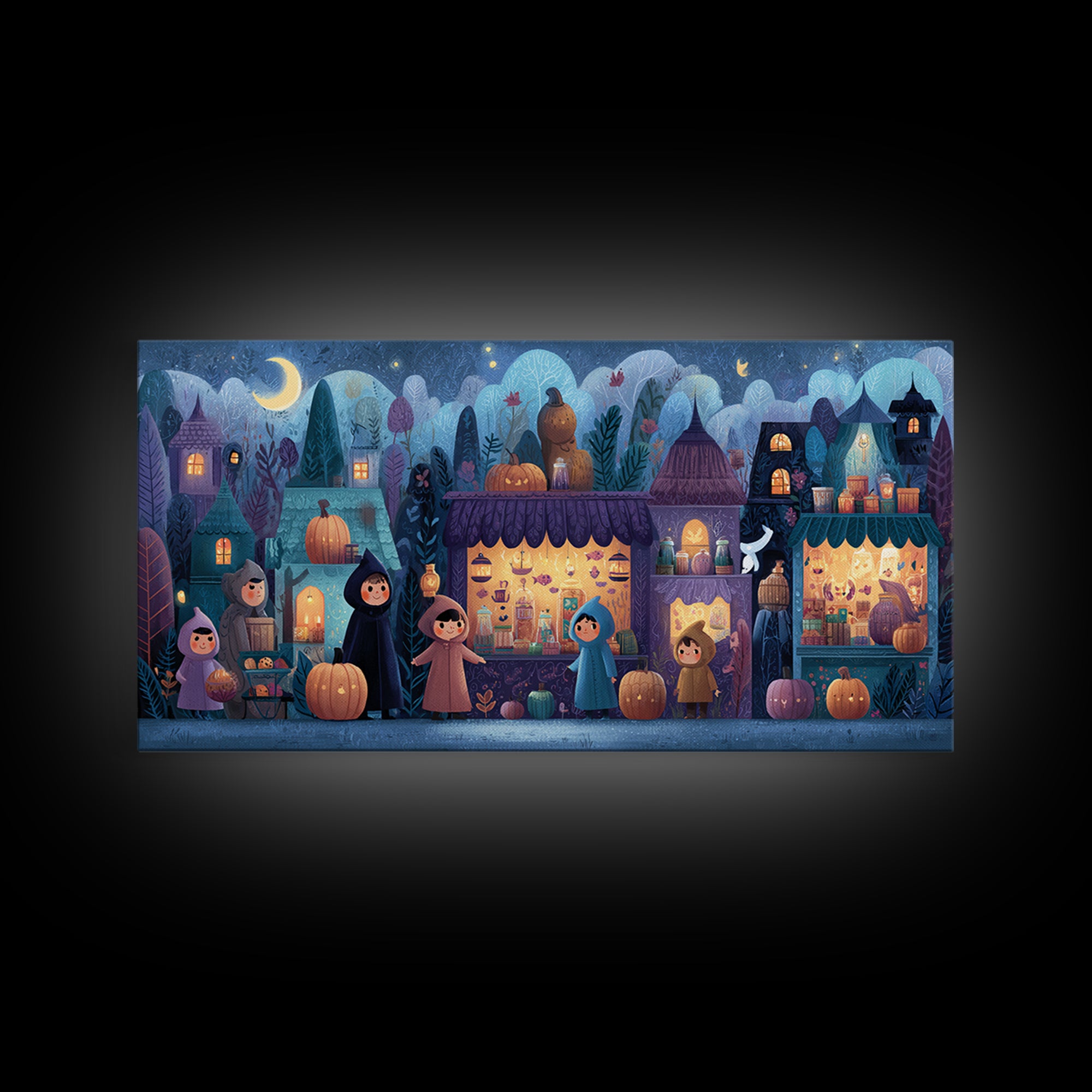 The Lantern Market Beyond The Veil, Vector Halloween Art, Wide Panoramic Art, Framed Canvas Print, Cute Halloween Wall Art