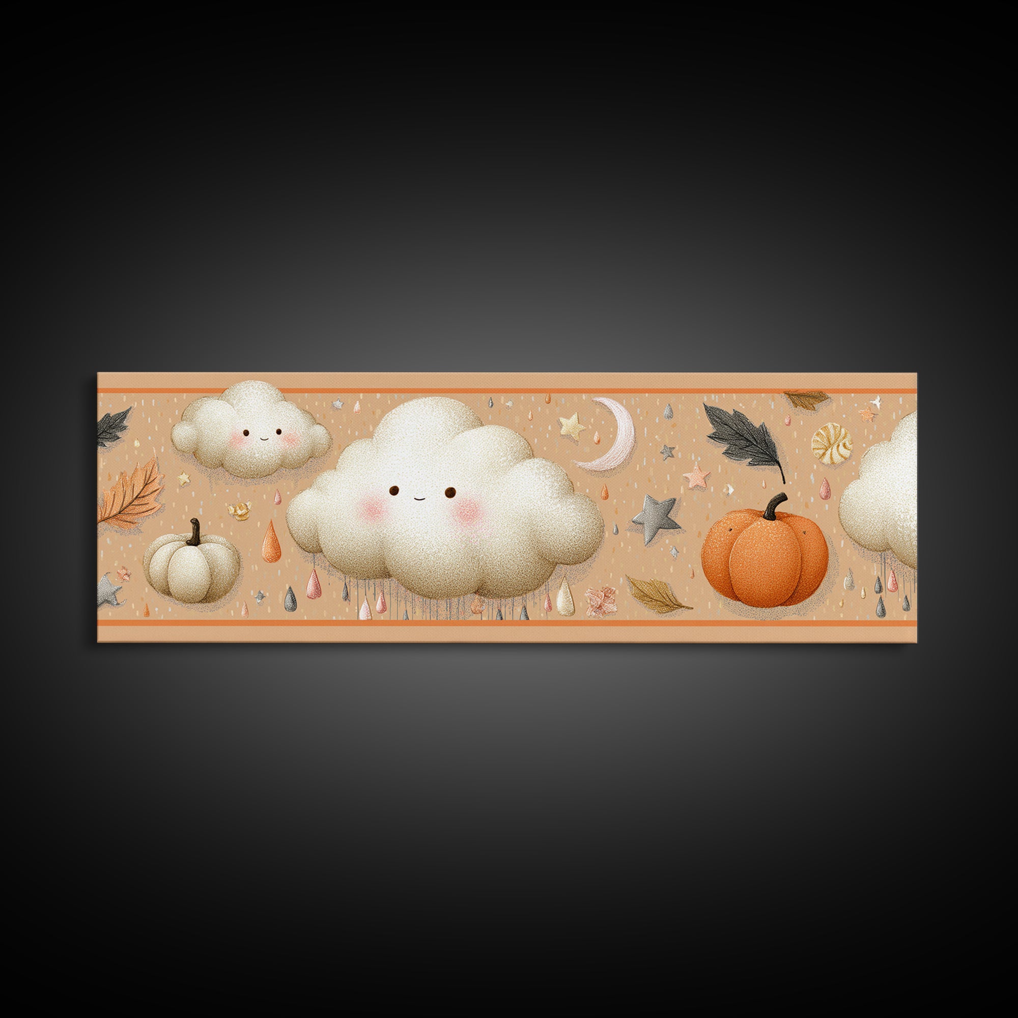 The Cloud Ghost, Hand Sketch Halloween Art, Extra Wide Wall Art, Canvas Print, Cute Halloween Wall Art