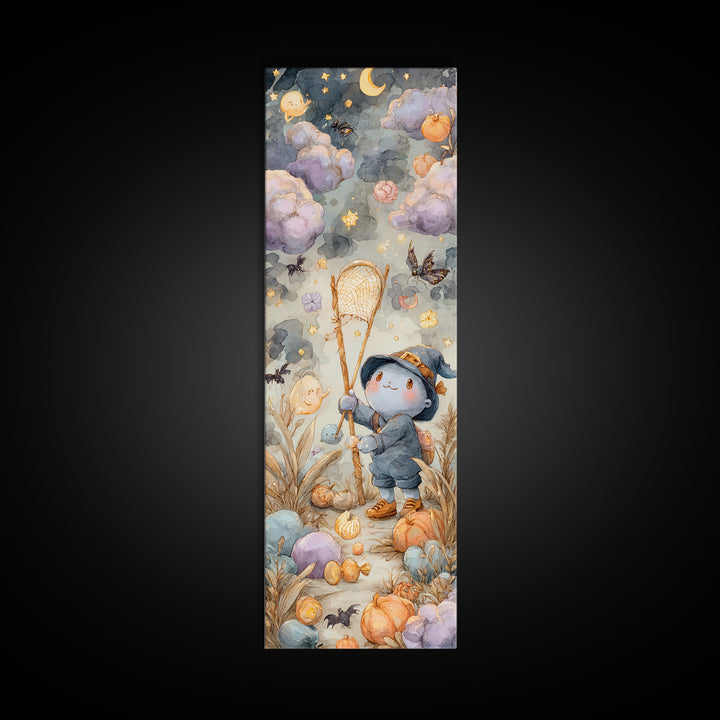 The Cloud-Catching Wizard, Watercolor Halloween Art, Tall Narrow Wall Art, Framed Canvas Print, Cute Halloween Wall Art