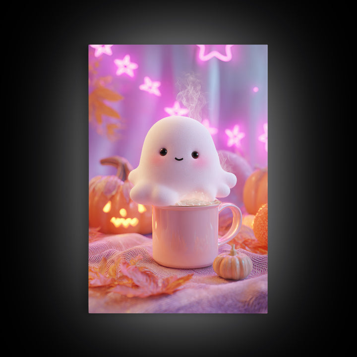 The Marshmallow Ghost, Vaporwave Halloween Decor, Vertical Wall Art, Framed Canvas Print, Retro Halloween Decor, Neon Wall Art