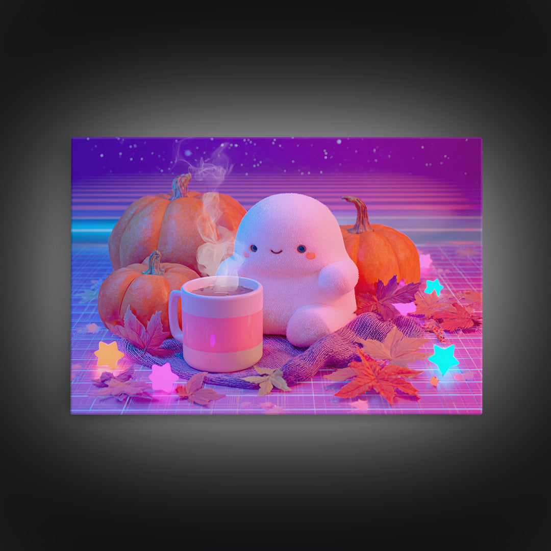The Marshmallow Ghost, Cute Spooky Neon Art, Landscape Wall Art, Framed Canvas Print, Retro Halloween Decor, Neon Wall Art, Macabre Wall Art