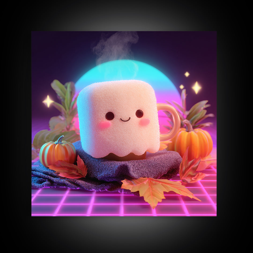 The Marshmallow Ghost, Vaporwave Halloween Decor, Square Wall Art, Framed Canvas Print, Retro Halloween Decor, Neon Wall Art