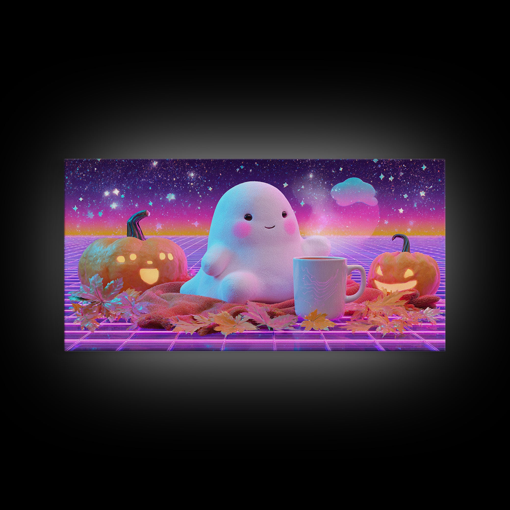 The Marshmallow Ghost, Cute Spooky Neon Art, Wide Panoramic Art, Canvas Print, Retro Halloween Decor, Neon Wall Art, Seasonal Home Decor