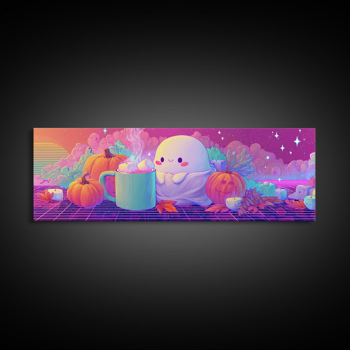 The Marshmallow Ghost, Retro Neon Halloween Art, Extra Wide Wall Art, Framed Canvas Print, Retro Halloween Decor, Neon Wall Art