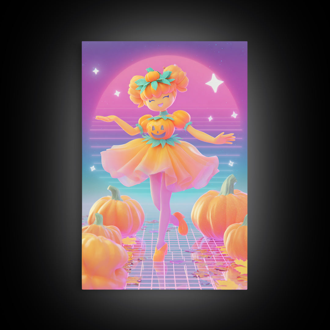 The Pumpkin Princess, Cute Spooky Neon Art, Vertical Wall Art, Framed Canvas Print, Retro Halloween Decor, Neon Wall Art, Dark Fantasy Art