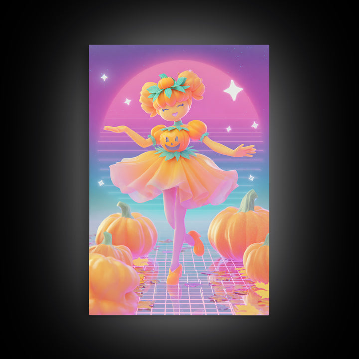 The Pumpkin Princess, Cute Spooky Neon Art, Vertical Wall Art, Framed Canvas Print, Retro Halloween Decor, Neon Wall Art, Dark Fantasy Art