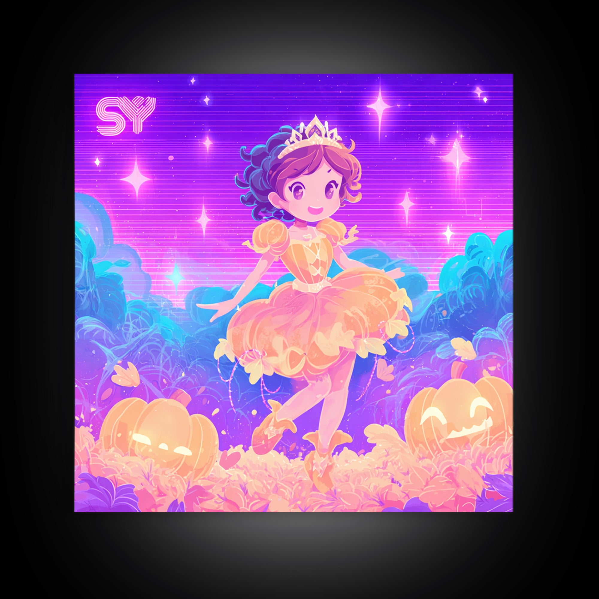 The Pumpkin Princess, Cute Spooky Neon Art, Square Wall Art, Canvas Print, Retro Halloween Decor, Neon Wall Art, Collectible Wall Decor