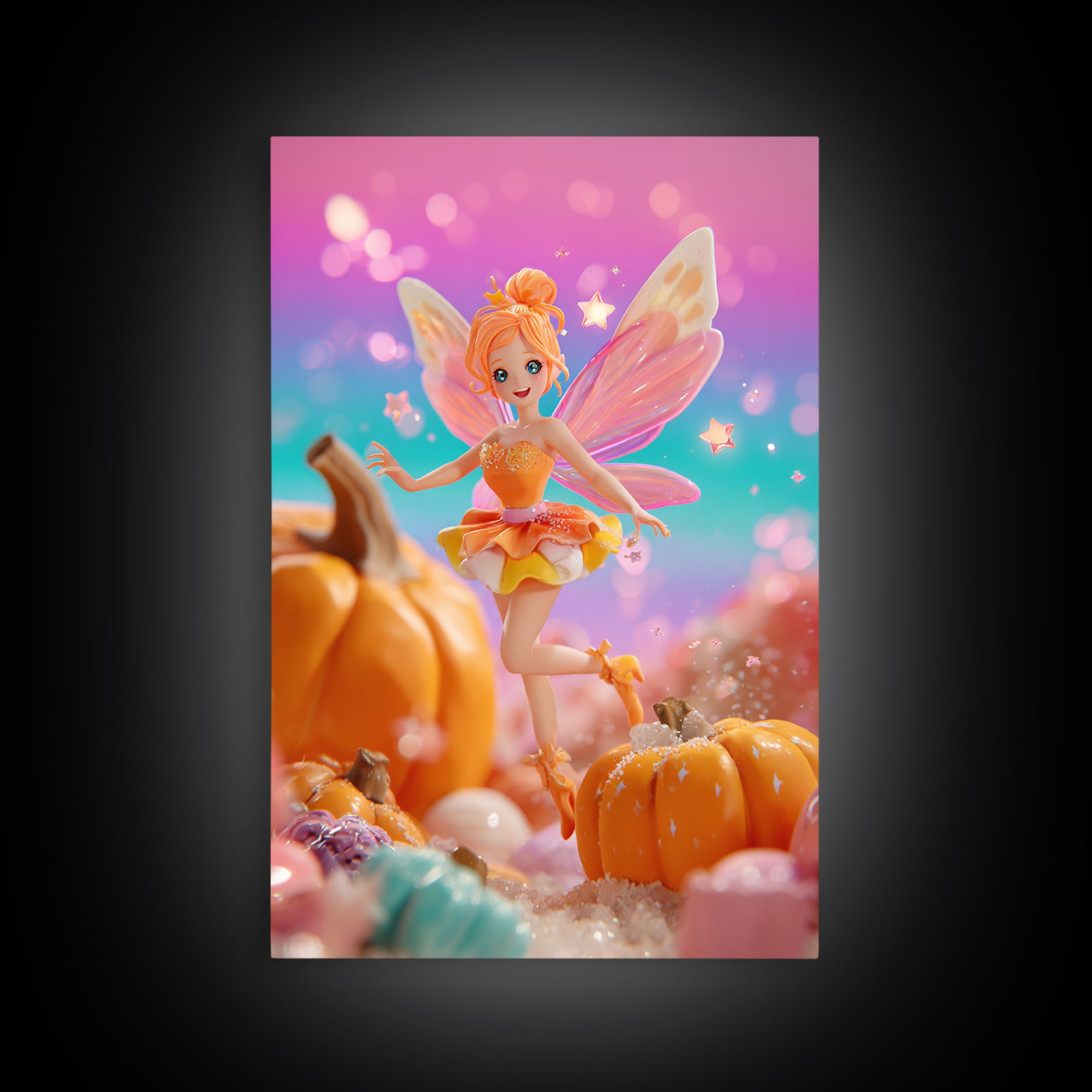 The Candy Corn Fairy, Retro Neon Halloween Art, Vertical Wall Art, Framed Canvas Print, Retro Halloween Decor, Neon Wall Art