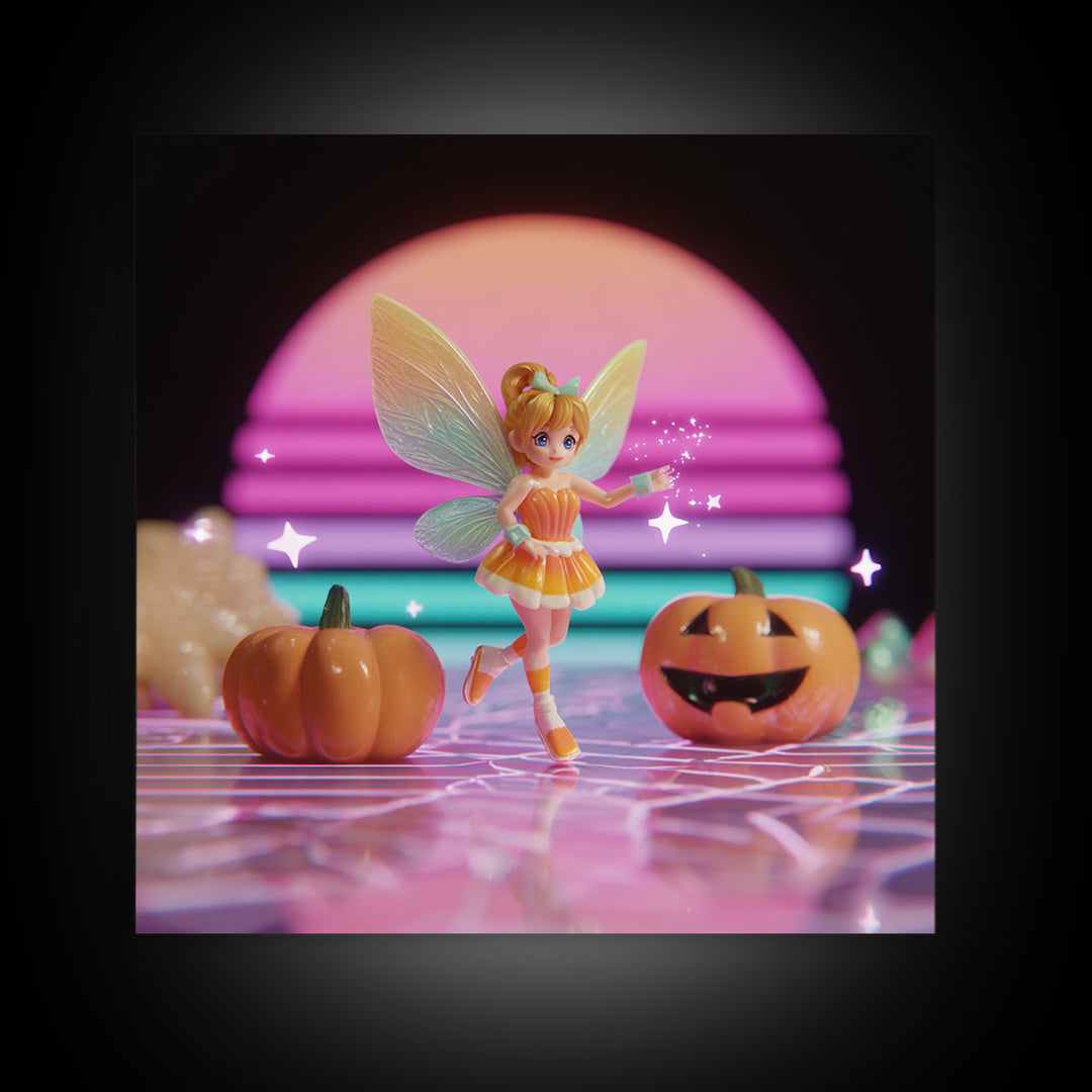 The Candy Corn Fairy, Vaporwave Halloween Decor, Square Wall Art, Canvas Print, Retro Halloween Decor, Neon Wall Art, Halloween Wall Art