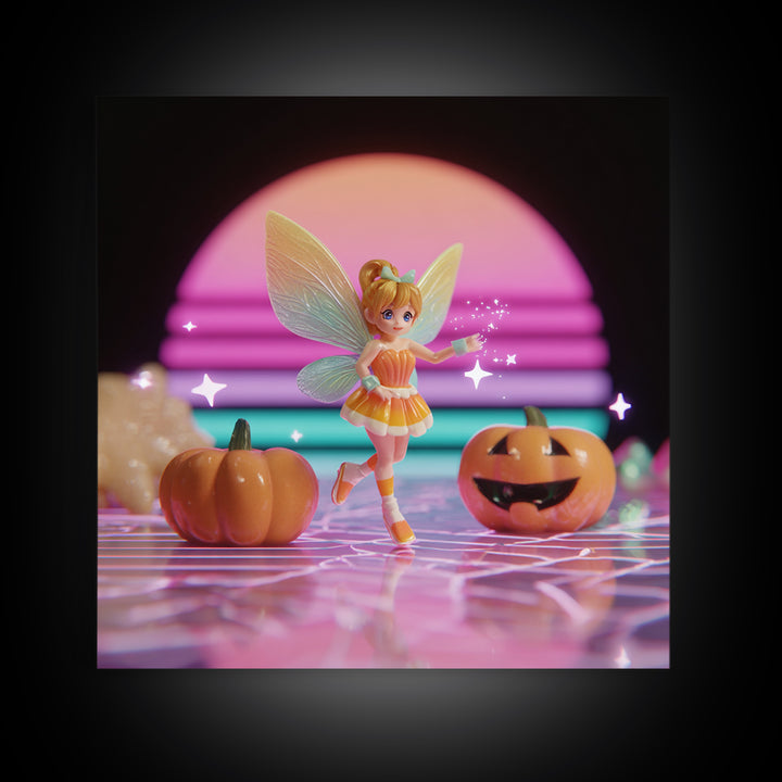 The Candy Corn Fairy, Vaporwave Halloween Decor, Square Wall Art, Canvas Print, Retro Halloween Decor, Neon Wall Art, Halloween Wall Art