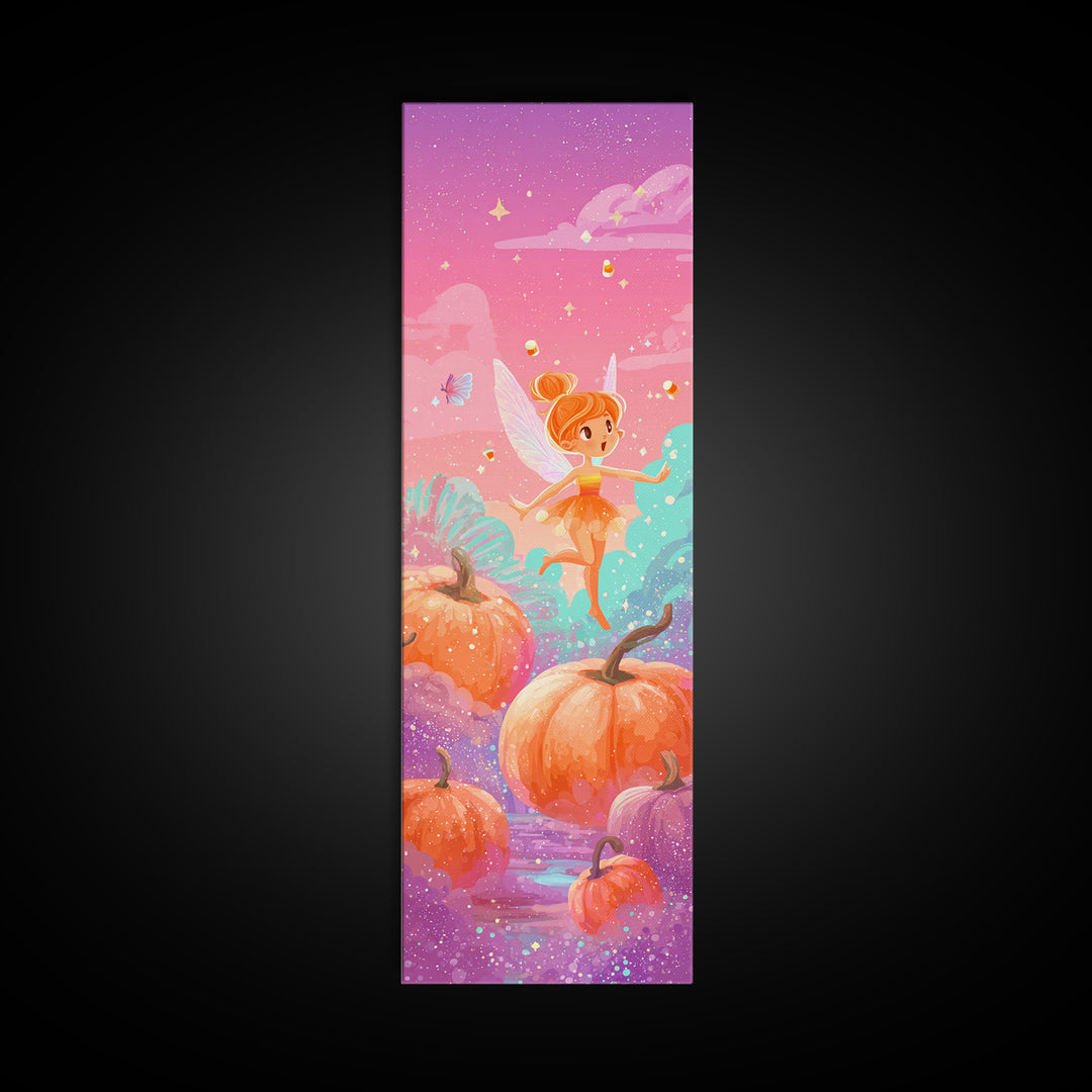 The Candy Corn Fairy, Cute Spooky Neon Art, Tall Narrow Wall Art, Canvas Print, Retro Halloween Decor, Neon Wall Art, Statement Wall Art