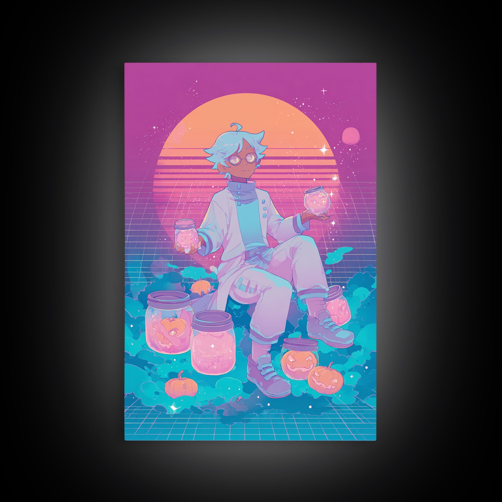 The Moonbeam Wizard, Vaporwave Halloween Decor, Vertical Wall Art, Framed Canvas Print, Retro Halloween Decor, Neon Wall Art