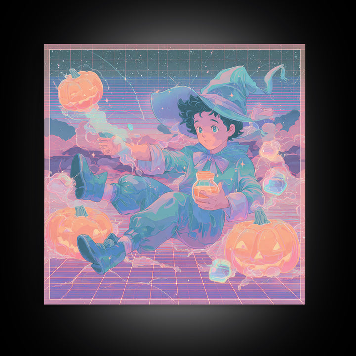 The Moonbeam Wizard, 80s Halloween Wall Art, Square Wall Art, Canvas Print, Retro Halloween Decor, Neon Wall Art, Collectible Wall Decor