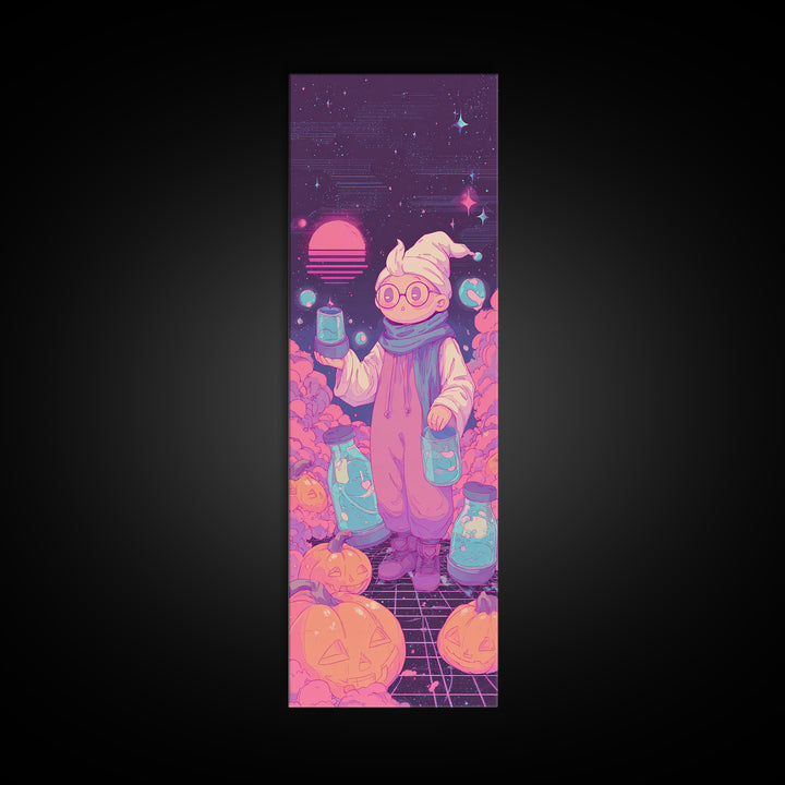 The Moonbeam Wizard, Retro Neon Halloween Art, Tall Narrow Wall Art, Framed Canvas Print, Retro Halloween Decor, Neon Wall Art
