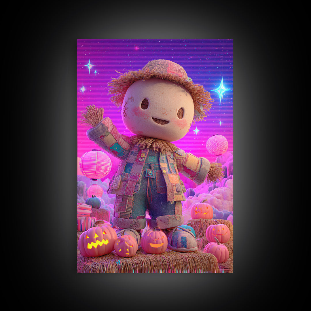 The Button-Nosed Scarecrow, Retro Neon Halloween Art, Vertical Wall Art, Framed Canvas Print, Retro Halloween Decor, Neon Wall Art