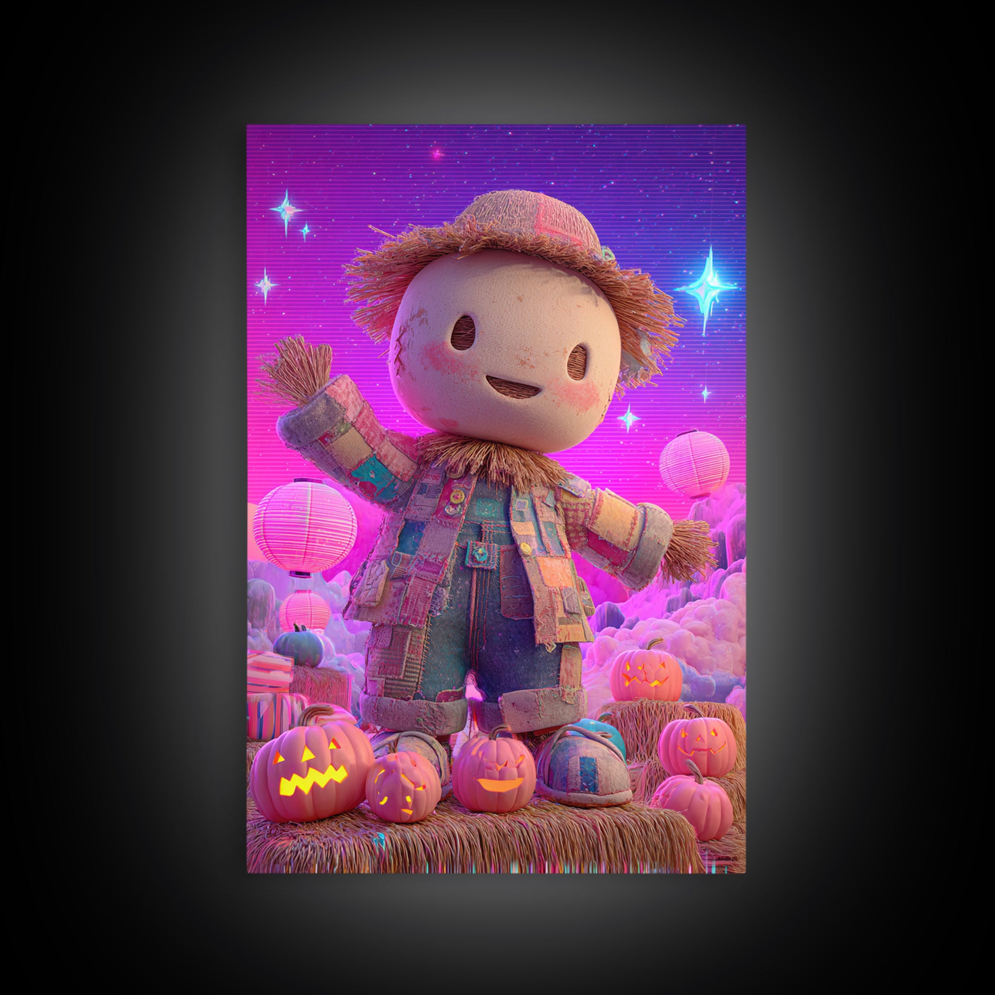The Button-Nosed Scarecrow, Retro Neon Halloween Art, Vertical Wall Art, Framed Canvas Print, Retro Halloween Decor, Neon Wall Art
