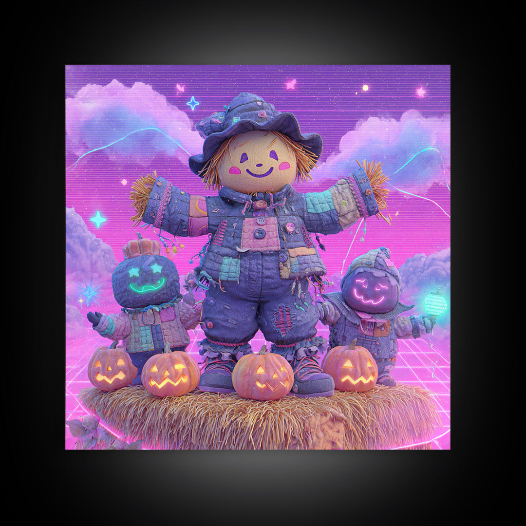 The Button-Nosed Scarecrow, Vaporwave Halloween Decor, Square Wall Art, Canvas Print, Retro Halloween Decor, Neon Wall Art, Macabre Wall Art