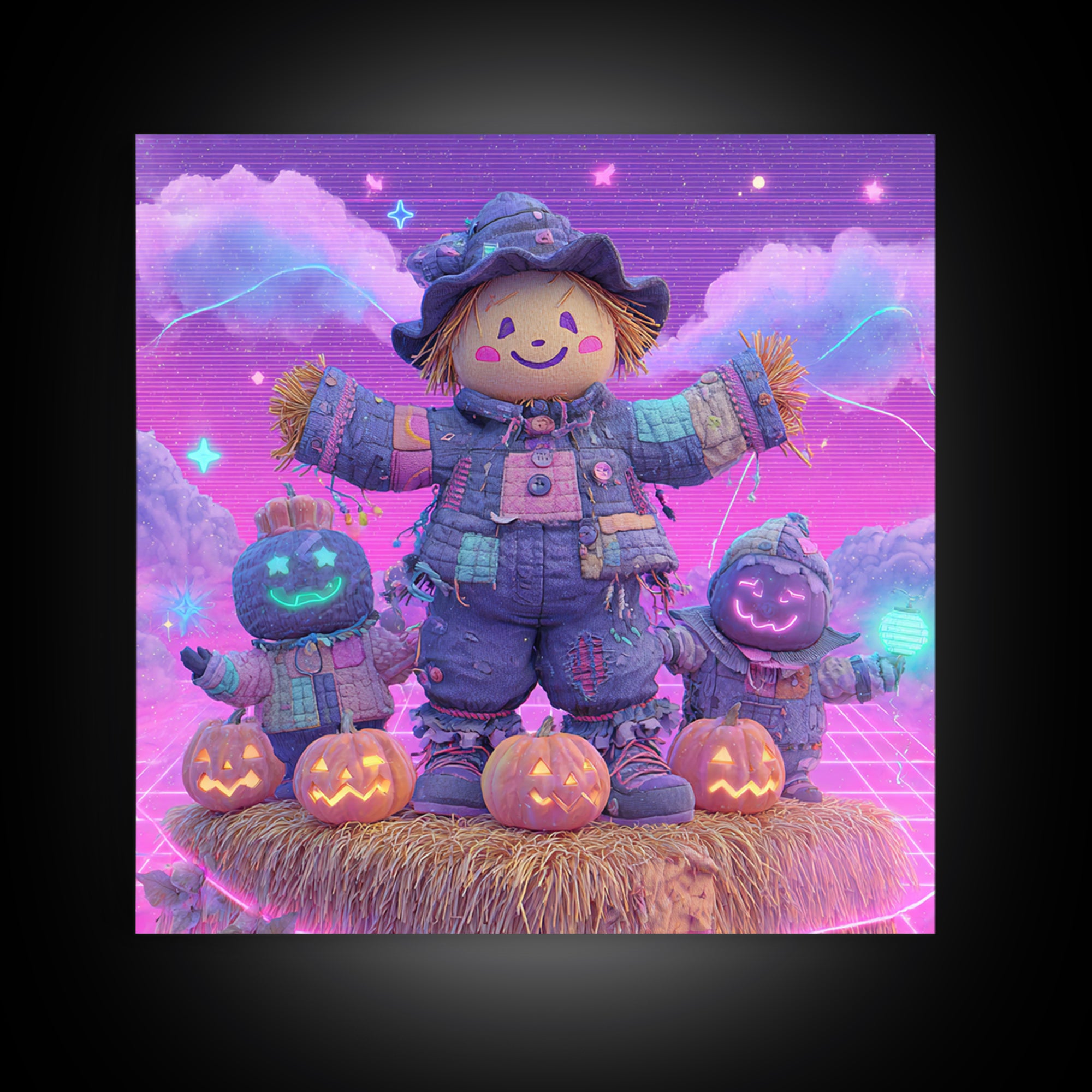 The Button-Nosed Scarecrow, Vaporwave Halloween Decor, Square Wall Art, Canvas Print, Retro Halloween Decor, Neon Wall Art, Macabre Wall Art