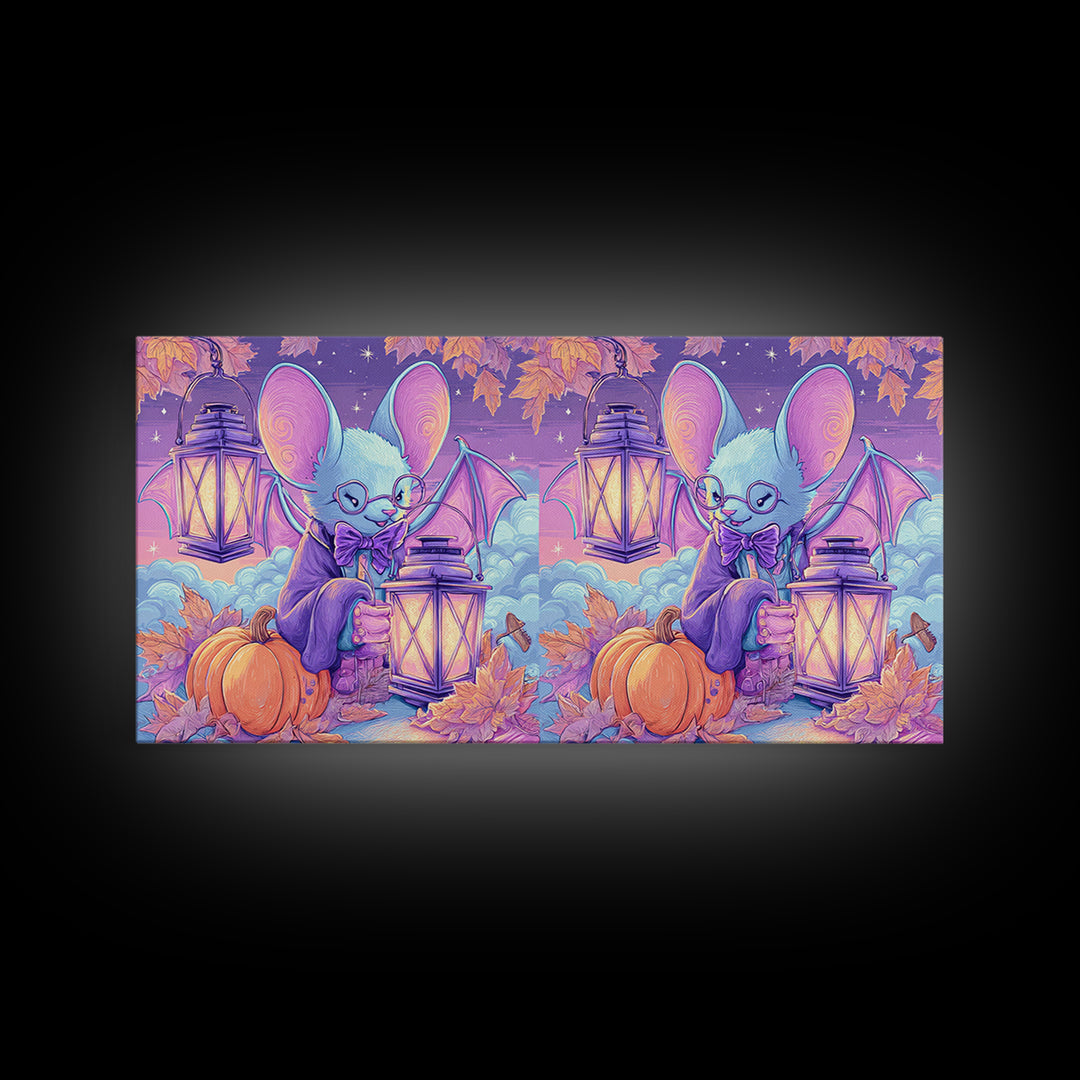 The Bow-Tie Bat, Vaporwave Halloween Decor, Wide Panoramic Art, Framed Canvas Print, Retro Halloween Decor, Neon Wall Art