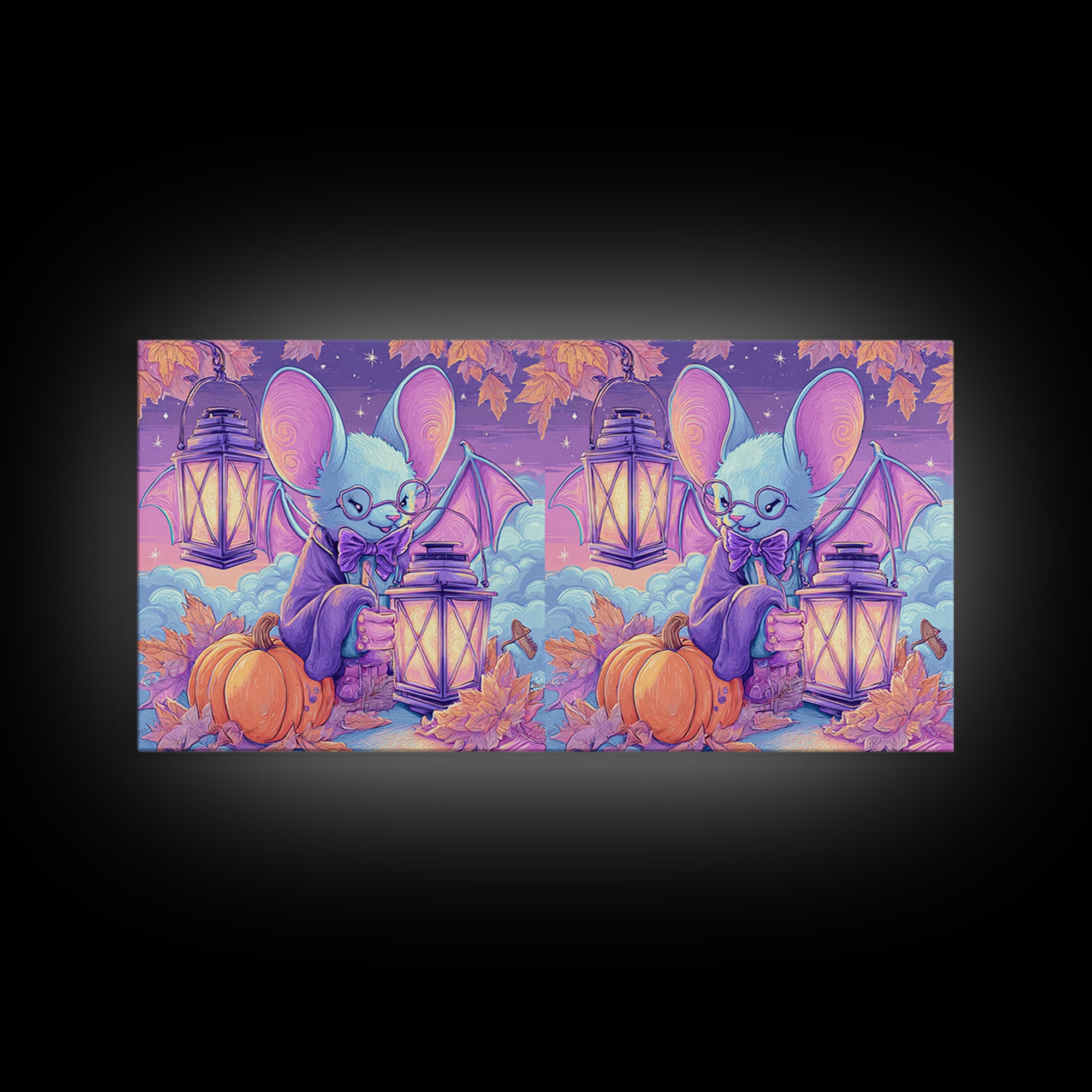 The Bow-Tie Bat, Vaporwave Halloween Decor, Wide Panoramic Art, Framed Canvas Print, Retro Halloween Decor, Neon Wall Art