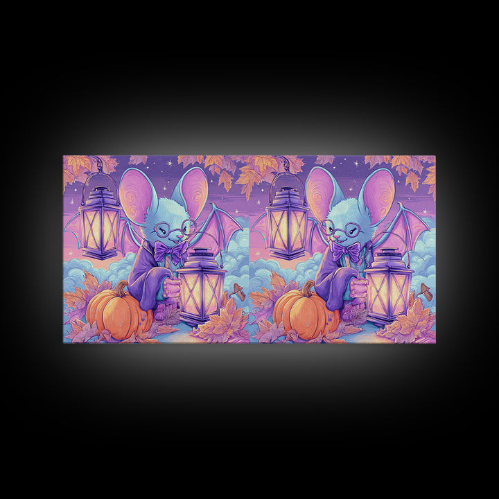 The Bow-Tie Bat, Vaporwave Halloween Decor, Wide Panoramic Art, Framed Canvas Print, Retro Halloween Decor, Neon Wall Art