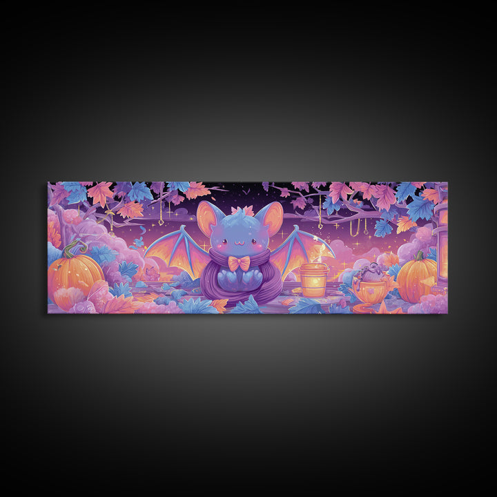 The Bow-Tie Bat, Cute Spooky Neon Art, Extra Wide Wall Art, Canvas Print, Retro Halloween Decor, Neon Wall Art, Dark Fantasy Art
