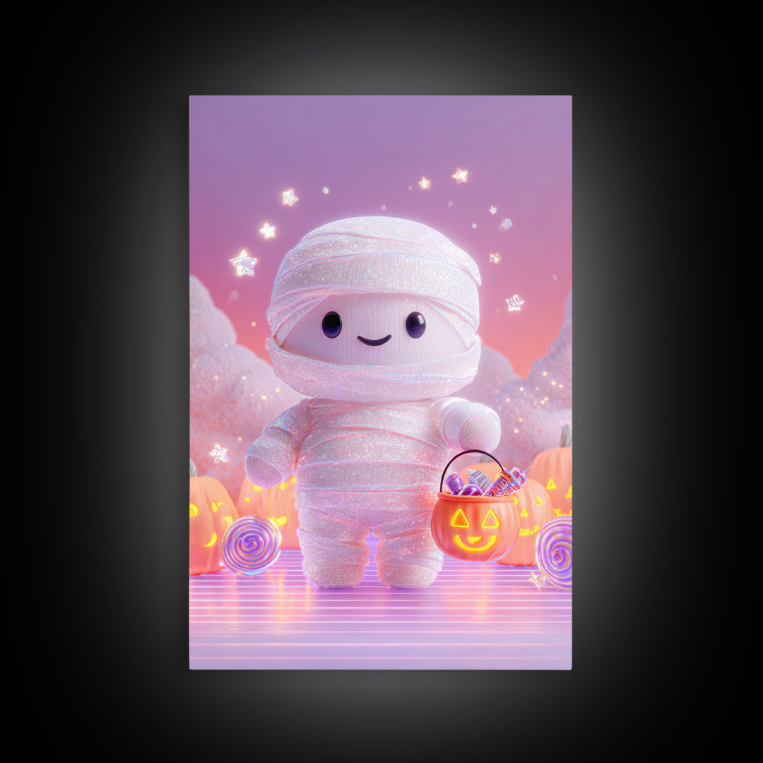 The Shy Little Mummy, Cute Spooky Neon Art, Vertical Wall Art, Framed Canvas Print, Retro Halloween Decor, Neon Wall Art