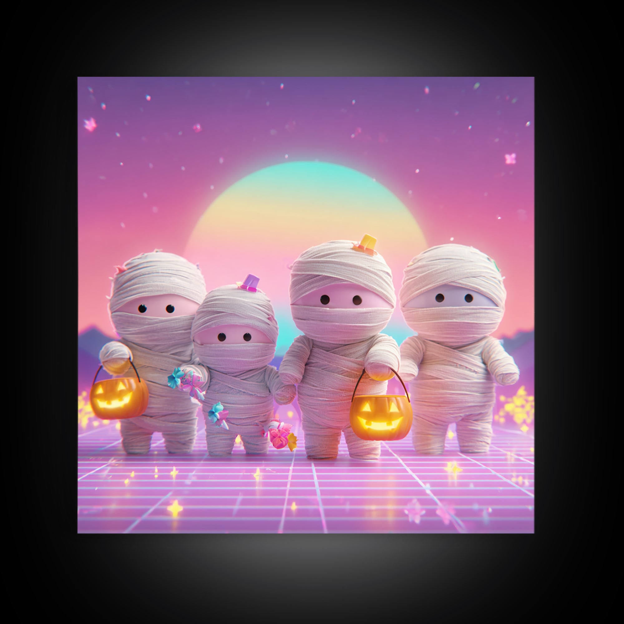 The Shy Little Mummy, Retro Neon Halloween Art, Square Wall Art, Canvas Print, Retro Halloween Decor, Neon Wall Art, Seasonal Home Decor