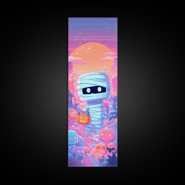 The Shy Little Mummy, Synthwave Halloween Art, Tall Narrow Wall Art, Canvas Print, Retro Halloween Decor, Neon Wall Art