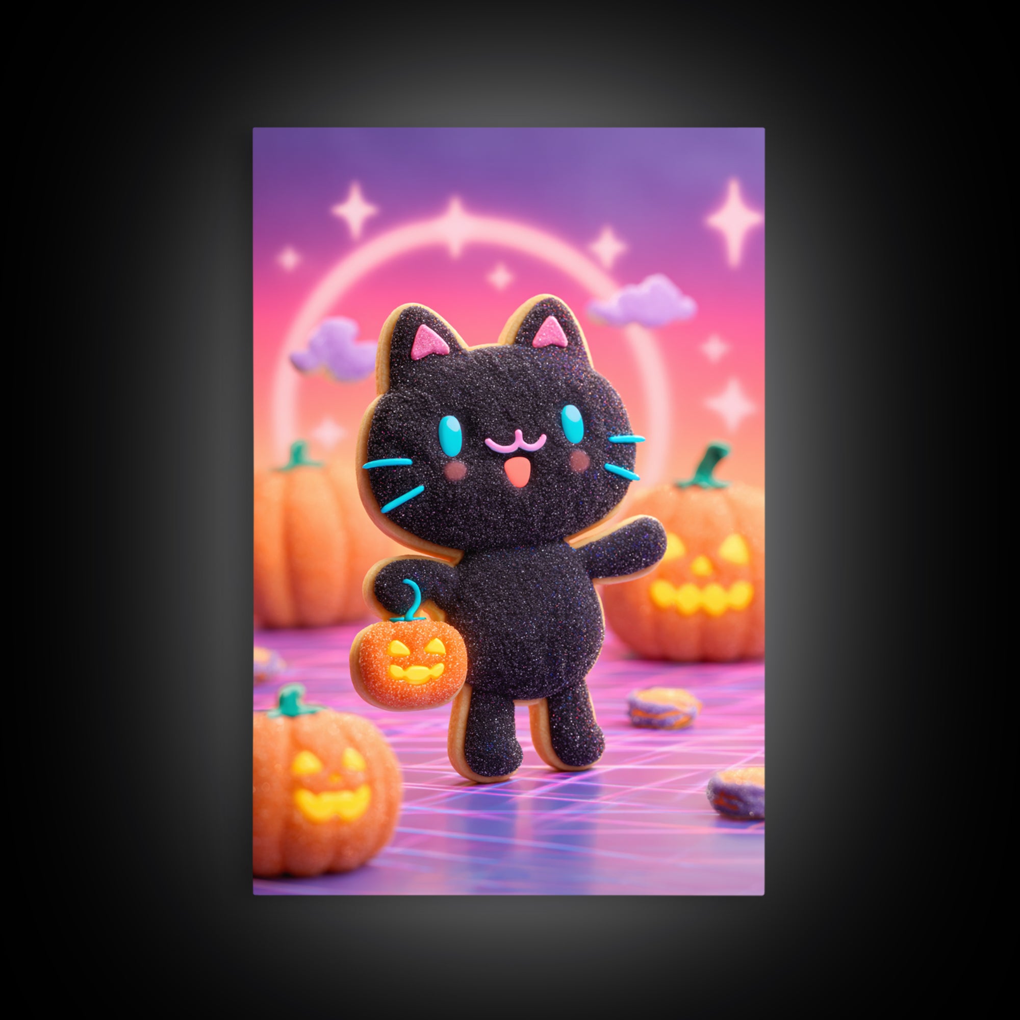 The Black Cat Baker, Cute Spooky Neon Art, Vertical Wall Art, Canvas Print, Retro Halloween Decor, Neon Wall Art, Horror Wall Art
