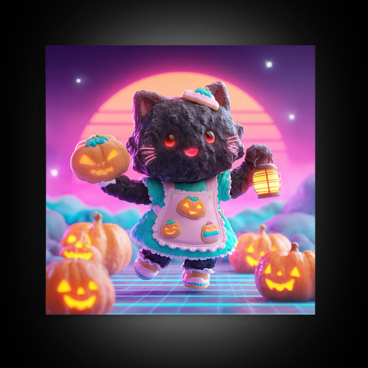 The Black Cat Baker, Vaporwave Halloween Decor, Square Wall Art, Framed Canvas Print, Retro Halloween Decor, Neon Wall Art, Horror Wall Art