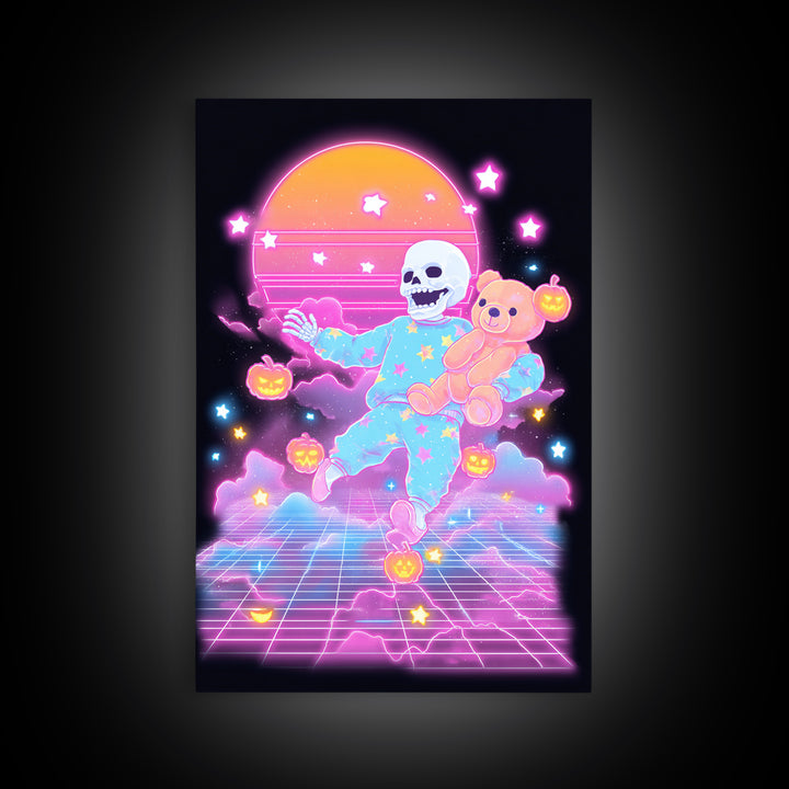 The Pajama Skeleton, Synthwave Halloween Art, Vertical Wall Art, Framed Canvas Print, Retro Halloween Decor, Neon Wall Art