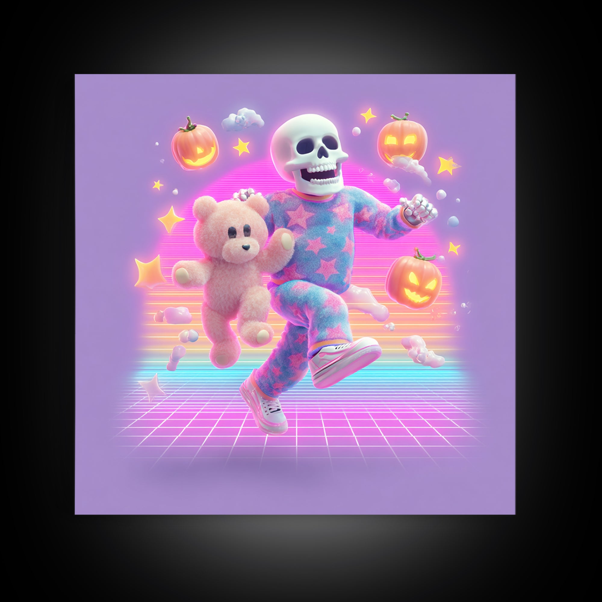 The Pajama Skeleton, Synthwave Halloween Art, Square Wall Art, Canvas Print, Retro Halloween Decor, Neon Wall Art, Spooky Wall Decor
