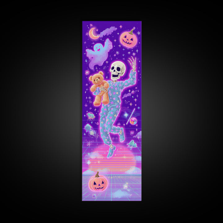 The Pajama Skeleton, Vaporwave Halloween Decor, Tall Narrow Wall Art, Framed Canvas Print, Retro Halloween Decor, Neon Wall Art