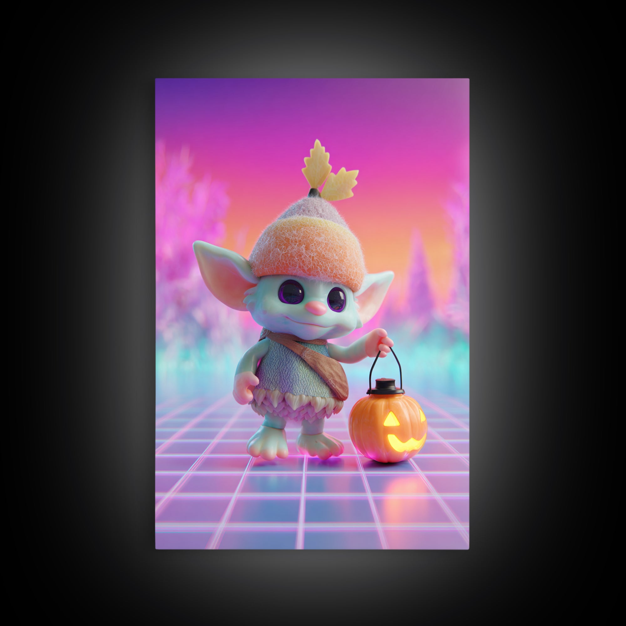 The Acorn Goblin, Cute Spooky Neon Art, Vertical Wall Art, Framed Canvas Print, Retro Halloween Decor, Neon Wall Art, Spooky Wall Decor