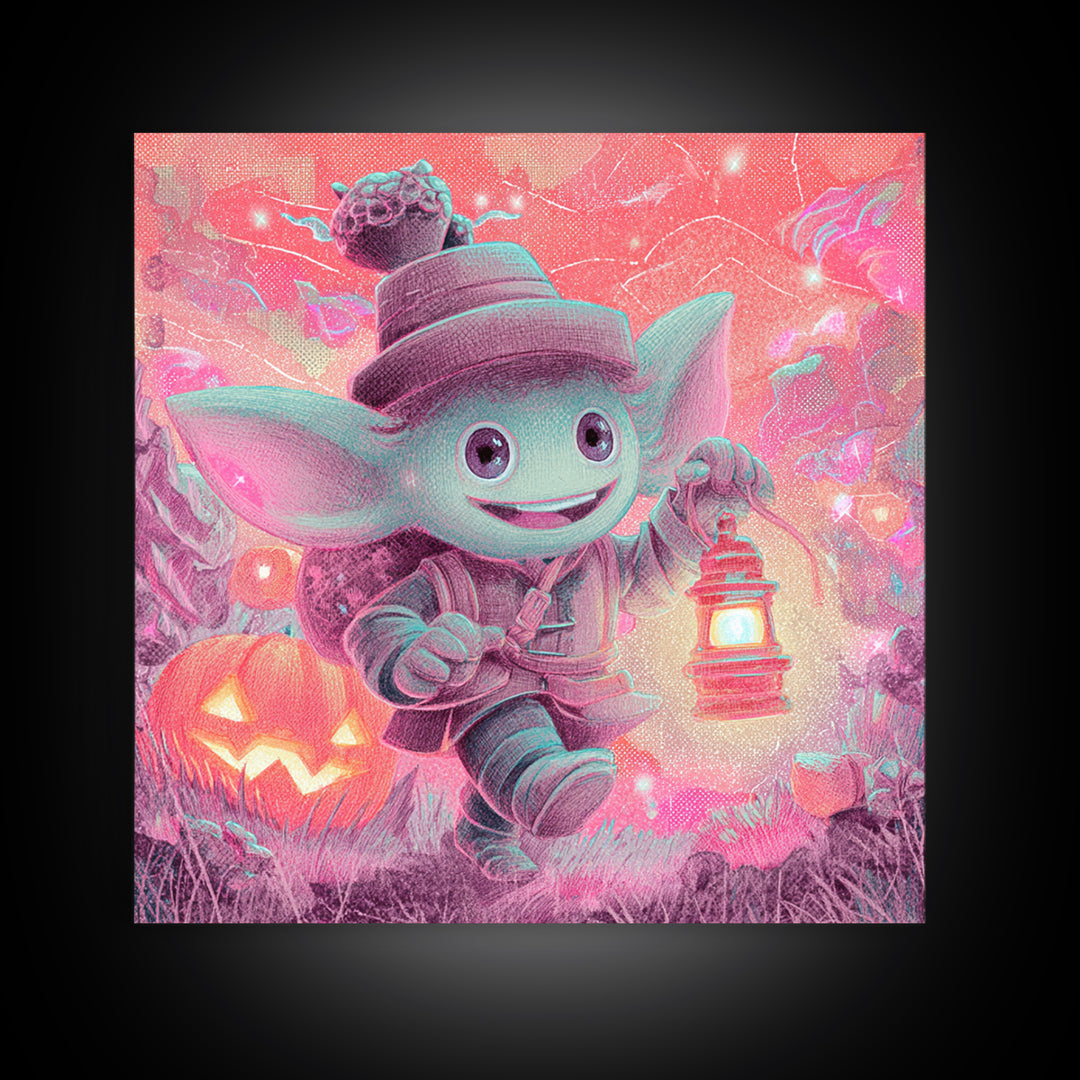 The Acorn Goblin, 80s Halloween Wall Art, Square Wall Art, Framed Canvas Print, Retro Halloween Decor, Neon Wall Art, Collectible Wall Decor