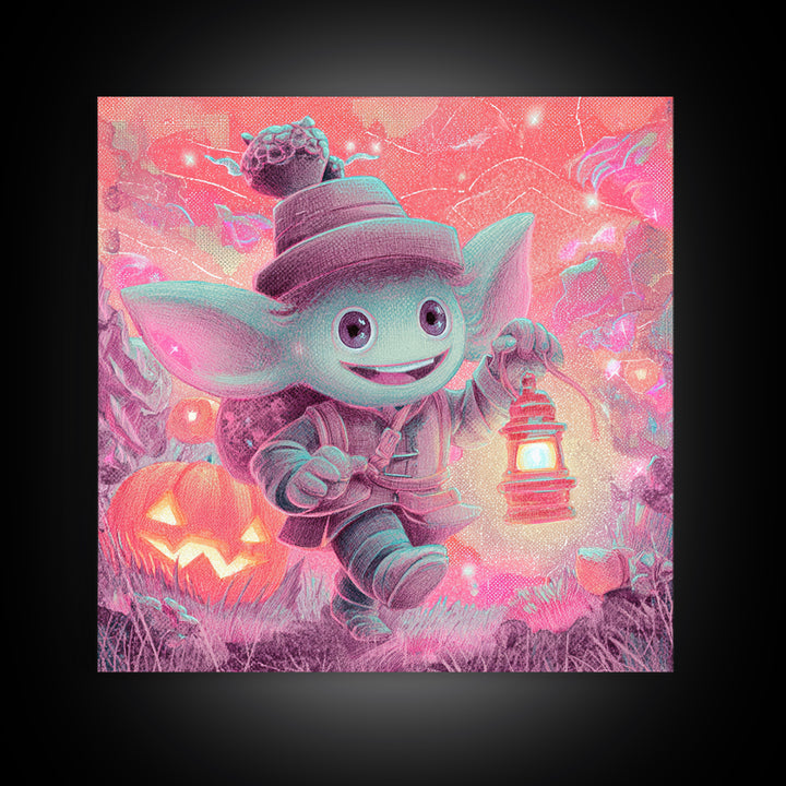 The Acorn Goblin, 80s Halloween Wall Art, Square Wall Art, Framed Canvas Print, Retro Halloween Decor, Neon Wall Art, Collectible Wall Decor