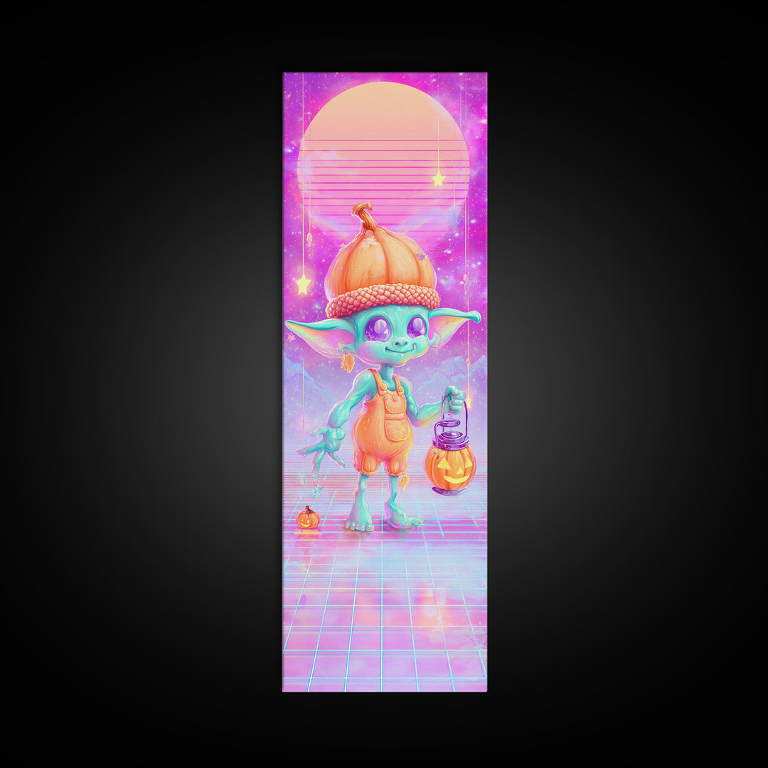 The Acorn Goblin, 80s Halloween Wall Art, Tall Narrow Wall Art, Framed Canvas Print, Retro Halloween Decor, Neon Wall Art, Macabre Wall Art