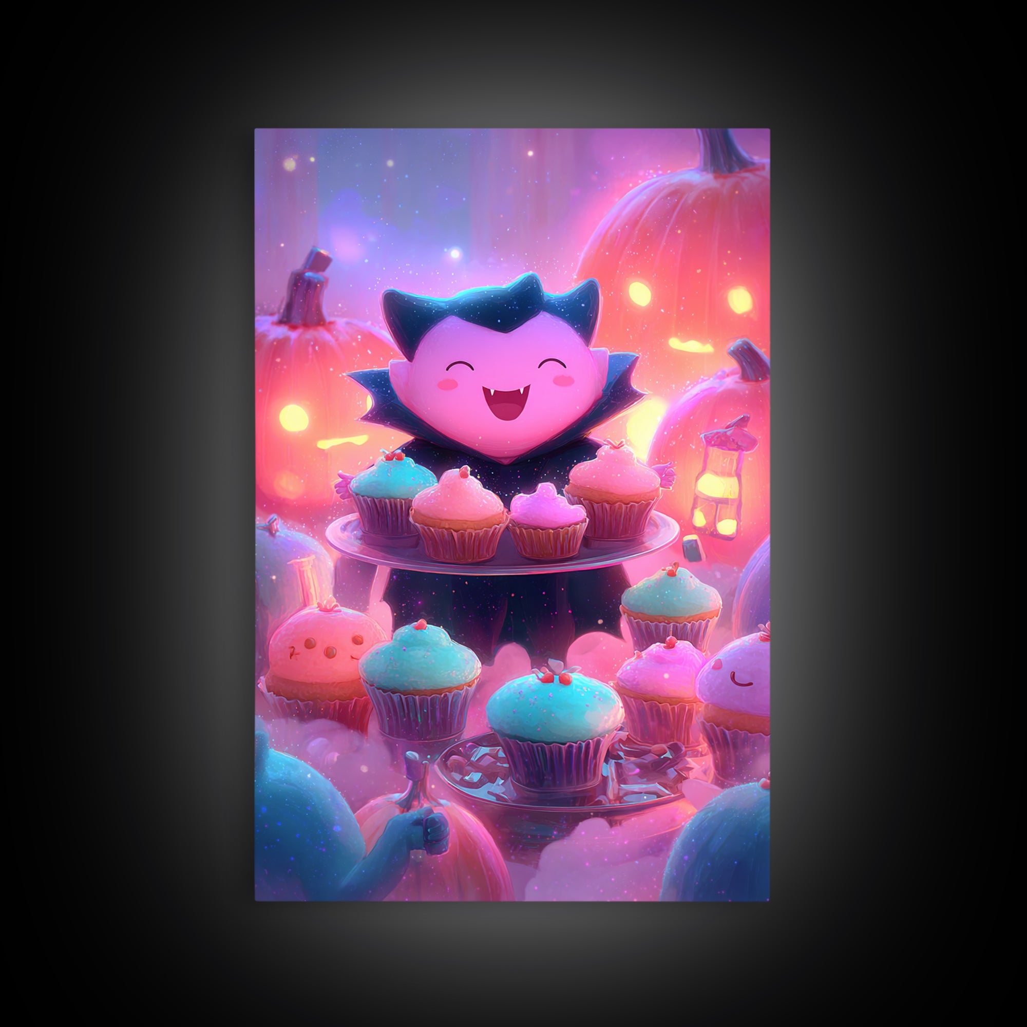 The Cupcake Vampire, Vaporwave Halloween Decor, Vertical Wall Art, Framed Canvas Print, Retro Halloween Decor, Neon Wall Art