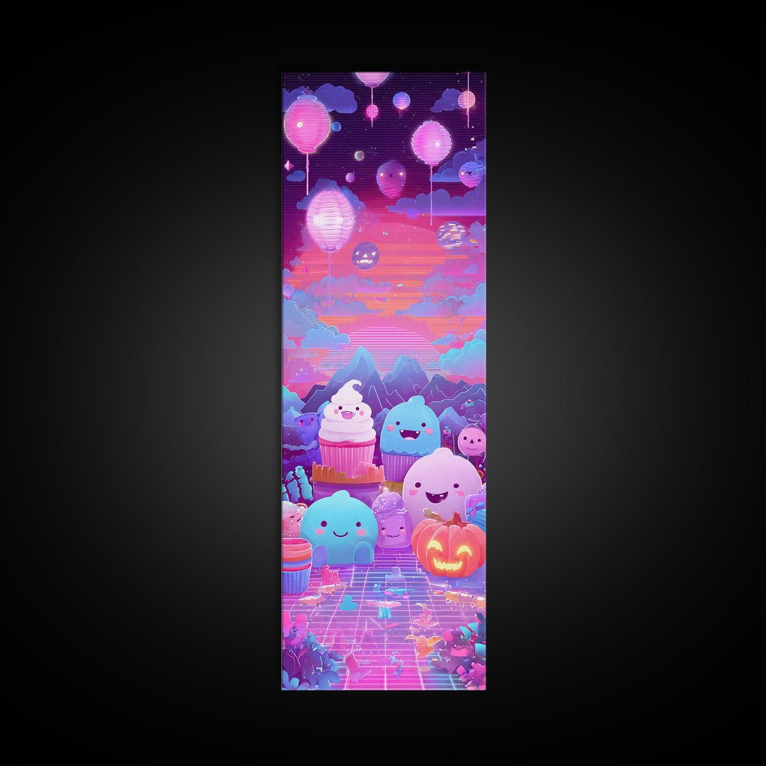 The Cupcake Vampire, Cute Spooky Neon Art, Tall Narrow Wall Art, Framed Canvas Print, Retro Halloween Decor, Neon Wall Art, Horror Wall Art