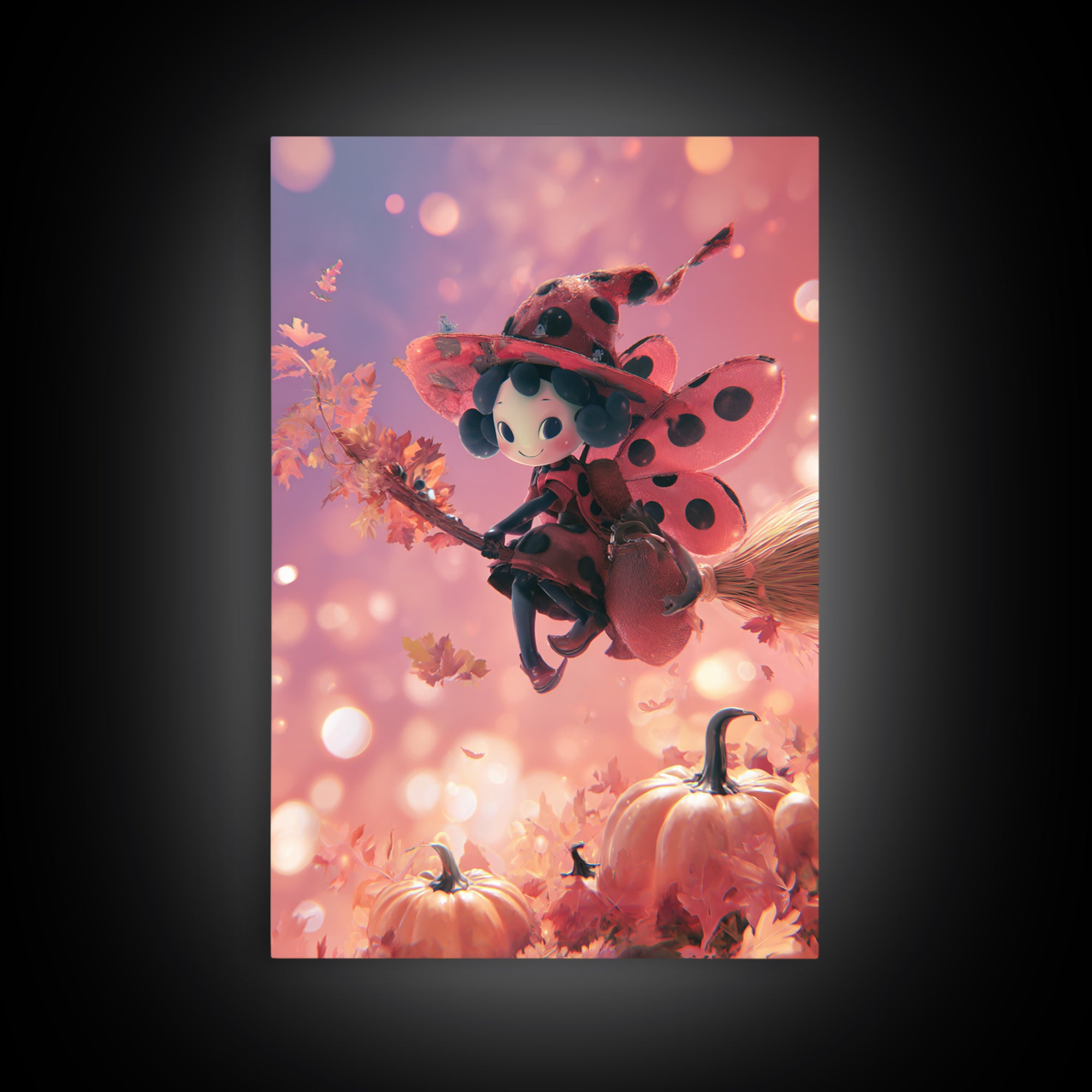 The Ladybug Witch, 80s Halloween Wall Art, Vertical Wall Art, Framed Canvas Print, Retro Halloween Decor, Neon Wall Art