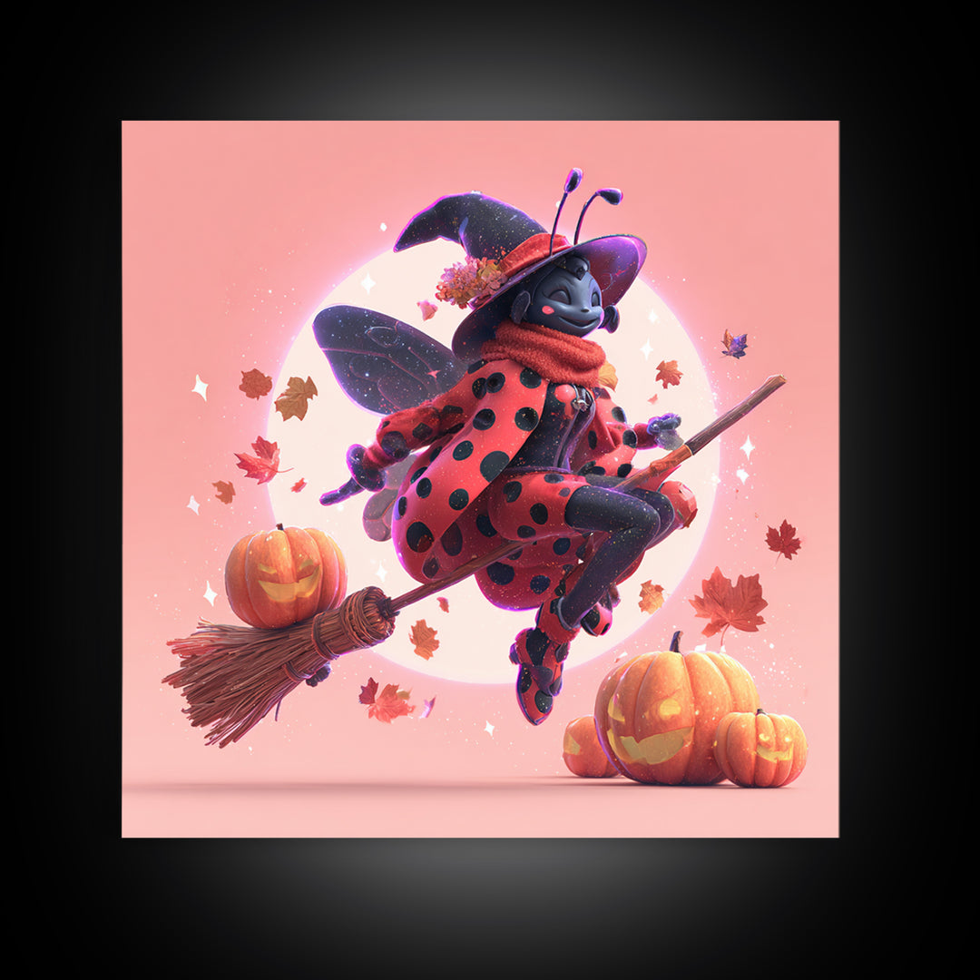 The Ladybug Witch, Retro Neon Halloween Art, Square Wall Art, Canvas Print, Retro Halloween Decor, Neon Wall Art, Halloween Wall Art